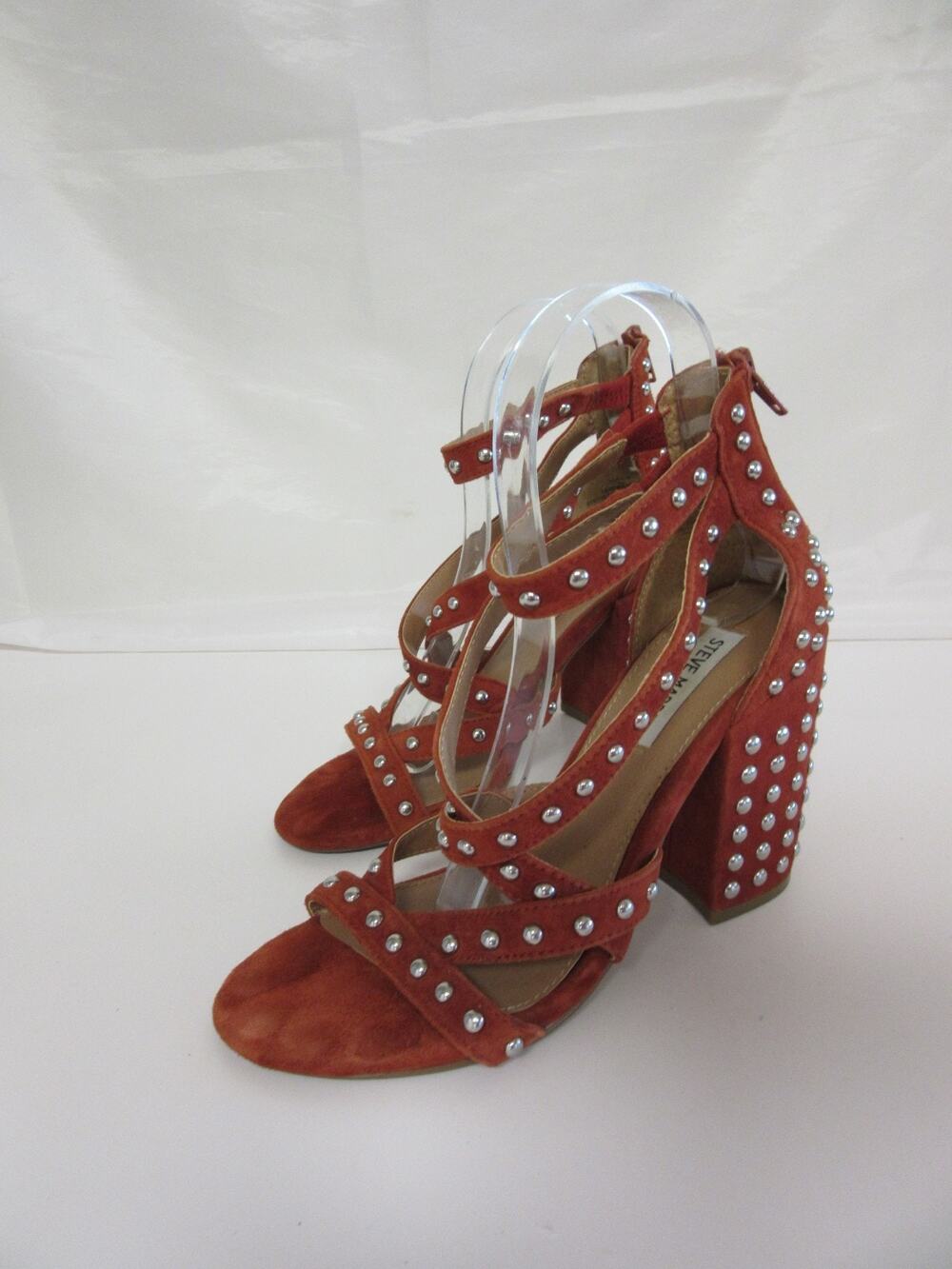 STEVE MADDEN Fara Rust Brick 7M Strappy Studded Block Heel Open Toe Sandals